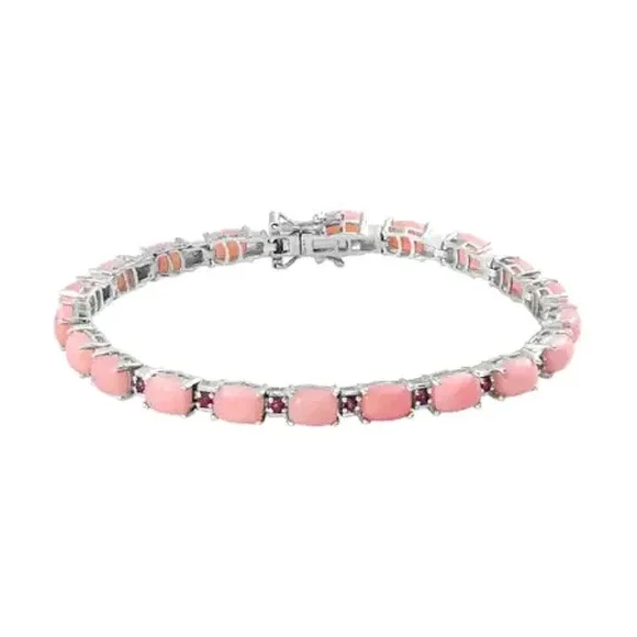 Peruvian Pink Opal & Orissa Rhodolite Garnet Tennis Link Style Bracelet. - Picture 3 of 11
